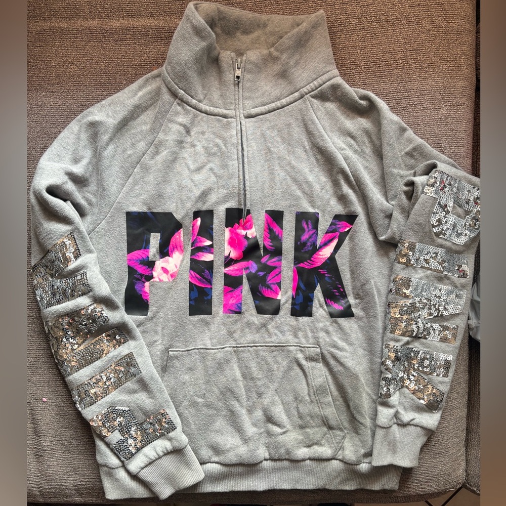 Victoria Secret Pink Bling Sequin Half Zip size M
